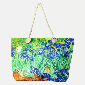 Geanta de plaja din material textil, cu imprimeu o fata dupa tabloul Irisi de Van Gogh imagine