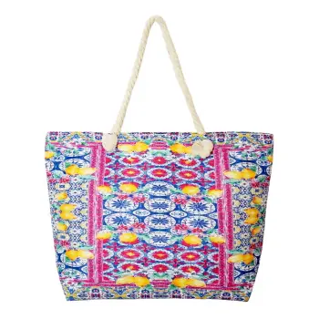 Geanta de plaja din material textil, cu model mediteranean cu lamai pe alb si fucsia imagine