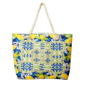 Geanta de plaja din material textil, cu model mediteranean cu lamai pe alb, verde si albastru imagine