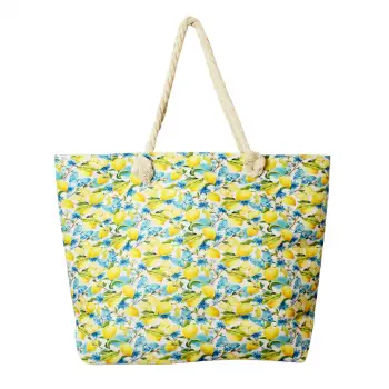 Geanta de plaja din material textil, cu model mediteranean cu lamai si fluturi imagine