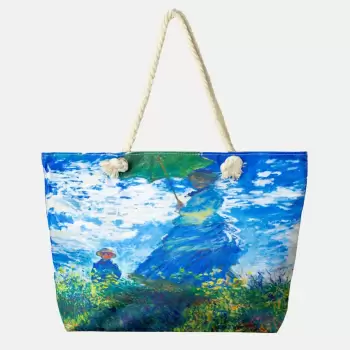 Geanta de plaja din material textil, cu reproducere dupa Claude Monet Femeia cu umberala de soare imagine