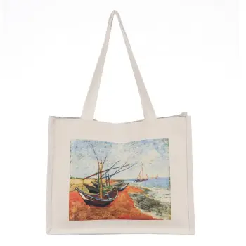 Geanta de umar din material textil cu imprimeu inspirat dintr-o pictura cu barci pe mal a lu Van Gogh imagine
