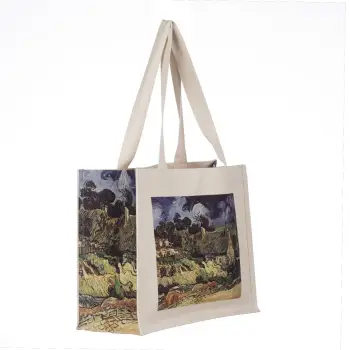 Geanta de umar din material textil cu imprimeu inspirat dintr-o pictura cu un peisaj rural si cer innorat imagine