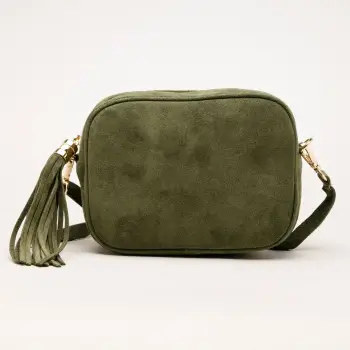 Geanta din piele intoarsa cu franjuri, model crossbody, kaki imagine