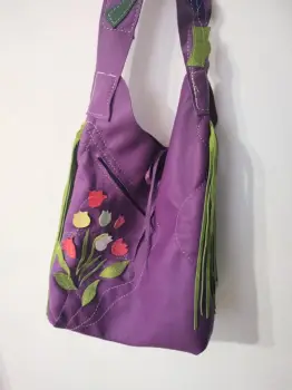 Geanta din piele naturala mov ,cu lalele colorate ,unicat imagine