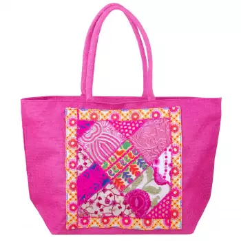 Geanta fucsia din material textil natural tip sac, cu aplicatie unicat, brodata manual imagine