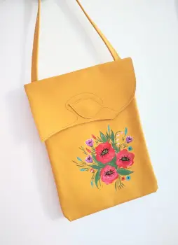 Geanta galben mustar ,handmade, cu lalele si maci pictati,unicat imagine
