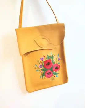 Geanta galbena din piele naturala ,pictata manual ,unicat imagine