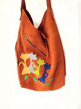 Geanta handmade din piele naturala  camel ,cu pisicute colorate imagine
