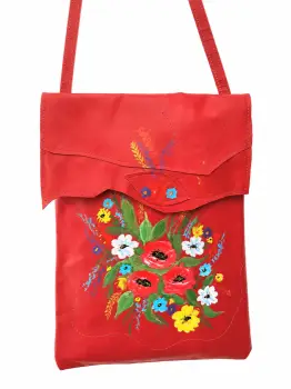 Geanta handmade rosie din piele naturala ,cu flori de camp pictate manual imagine