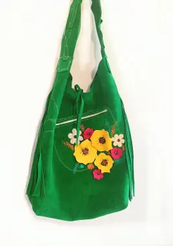 Geanta handmade  verde,cu flori 3D ,din piele naturala intoarsa,unicat imagine