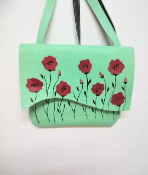 Geanta handmade verde fistic din piele naturala ,cu maci imagine