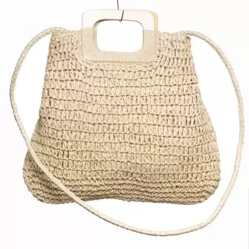 Geanta impletita crossbody, cu manere late din lemn, bej deschis imagine