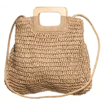 Geanta impletita crossbody, cu manere late din lemn, bej inchis imagine