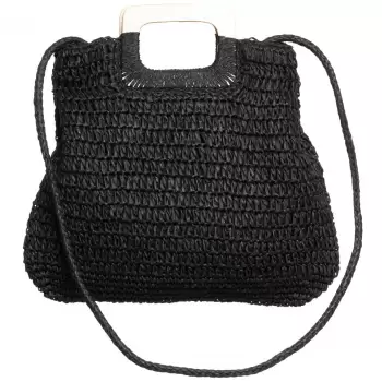 Geanta impletita crossbody, cu manere late din lemn, neagra imagine