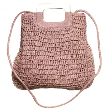 Geanta impletita crossbody, cu manere late din lemn, roz prafuit imagine