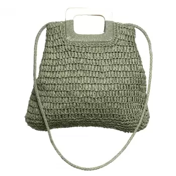 Geanta impletita crossbody, cu manere late din lemn, verde prafuit imagine