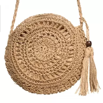 Geanta mica impletita crossbody, circulara cu ciucure decorativ, bej inchis imagine