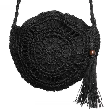 Geanta mica impletita crossbody, circulara cu ciucure decorativ, negru imagine