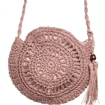 Geanta mica impletita crossbody, circulara cu ciucure decorativ, roz prafuit imagine