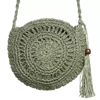 Geanta mica impletita crossbody, circulara cu ciucure decorativ, verde prafuit imagine