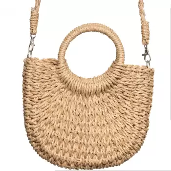 Geanta mica impletita crossbody, circulara cu manere rotunde, bej inchis imagine
