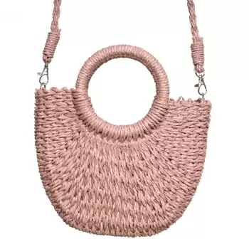 Geanta mica impletita crossbody, circulara cu manere rotunde, roz prafuit imagine