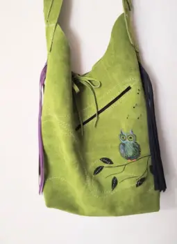 Geanta olive handmade ,cu bufnita colorata imagine