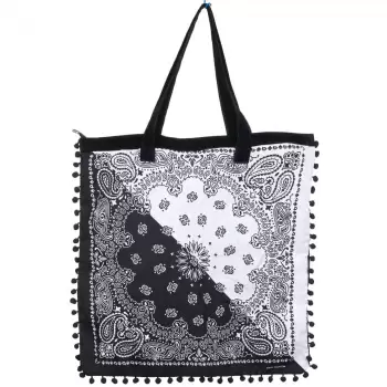 Geanta patrata de plaja din material textil, cu ciucuri pe trei laturi, alb si negru imagine