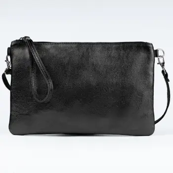 Geanta plic crossbody negru metalizat, din piele naturala imagine