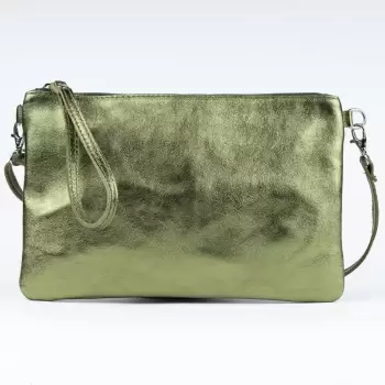Geanta plic crossbody verde metalizat, din piele naturala imagine