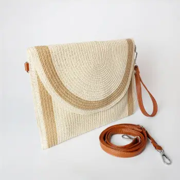 Geanta plic impletita crossbody, cu bareta de umar si de mana, bej deschis cu bej inchis imagine