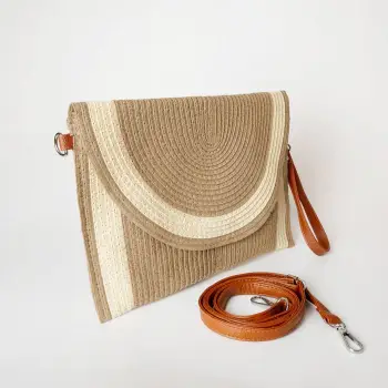 Geanta plic impletita crossbody, cu bareta de umar si de mana, camel cu bej deschis imagine