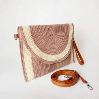 Geanta plic impletita crossbody, cu bareta de umar si de mana, roz prafuit cu bej imagine