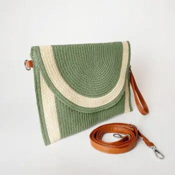 Geanta plic impletita crossbody, cu bareta de umar si de mana, verde cu bej deschis imagine