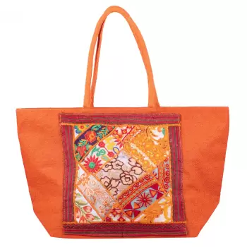 Geanta portocalie din material textil natural tip sac, cu aplicatie unicat, brodata manual imagine