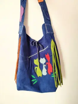 Geanta sac albastru electric,cu pisicute  colorate ,din piele naturala imagine