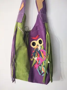 Geanta sac din piele naturala mov si olive ,cu bufnita ,unicat imagine