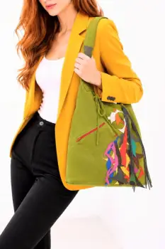 Geanta sac ,din piele naturala olive intoarsa,cu aplicatii colorate din piele imagine