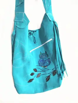 Geanta sac turcoaz,cu bufnita pictata ,din piele naturala intoarsa,unicat imagine