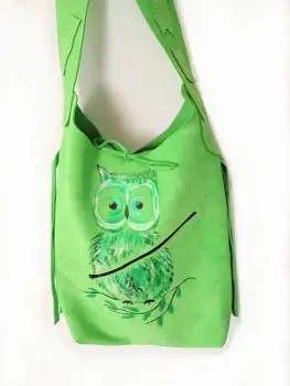 Geanta sac verde,cu bufnita pictata ,din piele naturala intoarsa,unicat imagine