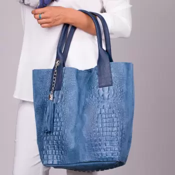Geanta shopper albastra din piele intoarsa naturala imagine
