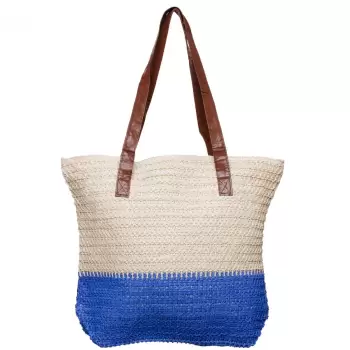 Geanta shopper bicolora impletita, bej si albastru imagine