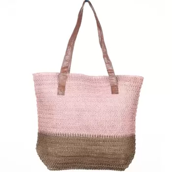 Geanta shopper bicolora impletita, maron si roz inchis imagine