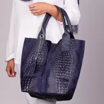 Geanta shopper bleumarin din piele intoarsa naturala imagine