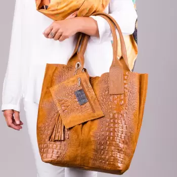Geanta shopper camel din piele intoarsa naturala imagine