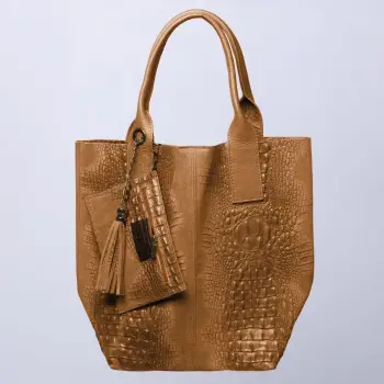 Geanta shopper camel inchis din piele intoarsa naturala imagine