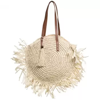 Geanta shopper circulara mare impletita, cu franjuri mari decorativi, bej deschis imagine