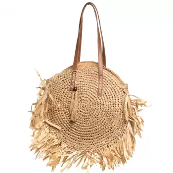 Geanta shopper circulara mare impletita, cu franjuri mari decorativi, bej inchis imagine