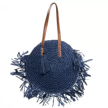 Geanta shopper circulara mare impletita, cu franjuri mari decorativi, bleumarin imagine